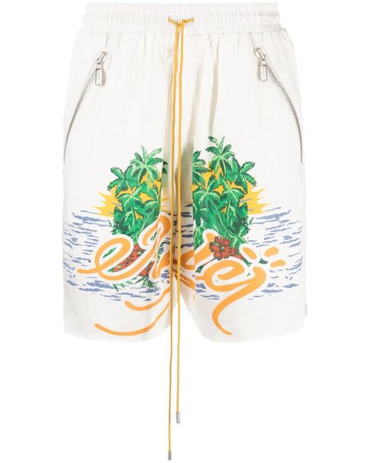 Rhude White Graphic-Print Drawstring Shorts for men