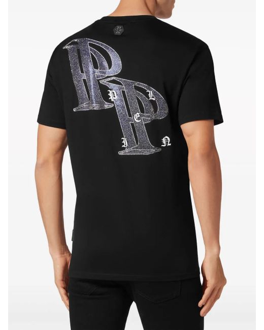 Philipp Plein Black Rhinestone-Embellished Cotton T-Shirt for men