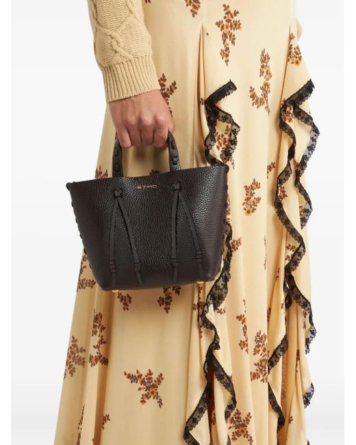 Etro Black Essential Mini Leather Tote Bag With Threading