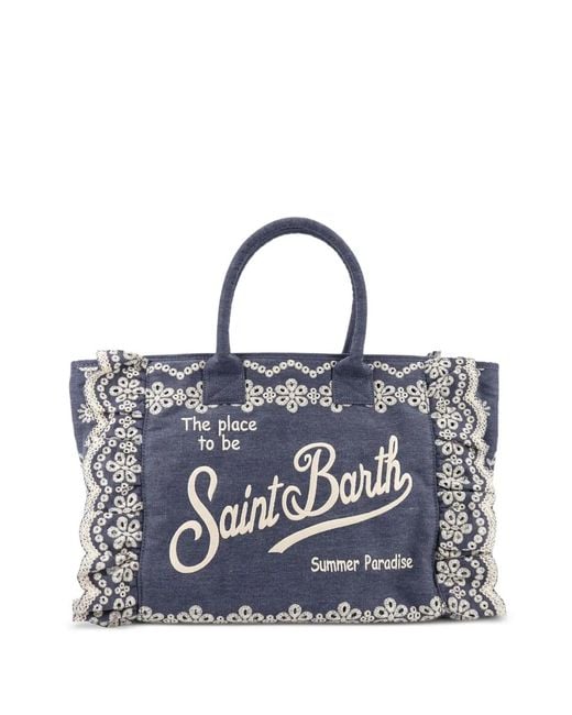 Mc2 Saint Barth Blue Embroidered Ruffled Tote Bag