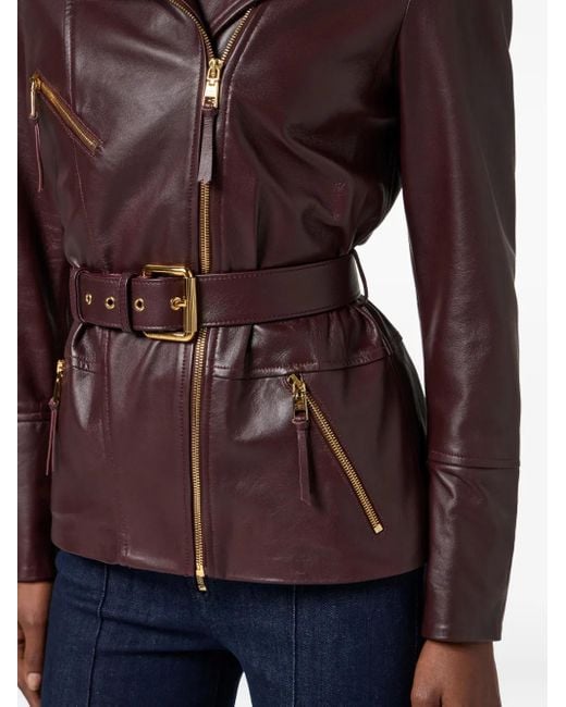 Elisabetta Franchi Brown Belted Leather Biker Jacket