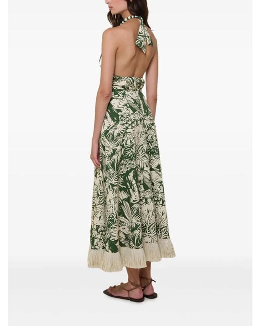 Johanna Ortiz Green Halterneck Fringed-Hem Midi Dress