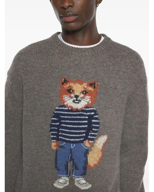 Maison Kitsuné Gray Dressed Fox Intarsia Wool Jumper for men