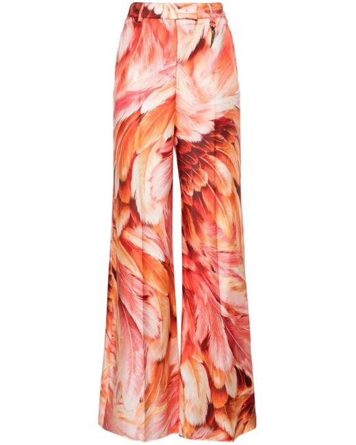 Roberto Cavalli Red Wide-leg Feather-print Trousers