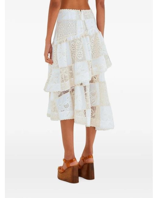 Farm Rio White Patchwork-Lace Tiered Midi Skirt