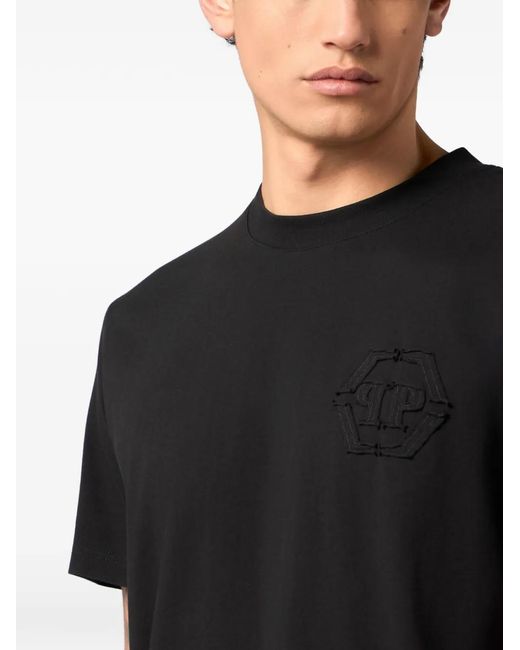 Philipp Plein Black Logo-Embroidered T-Shirt for men