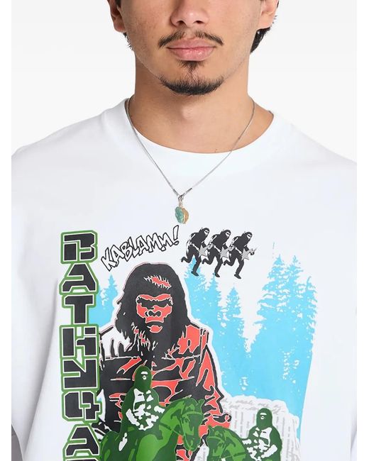 A Bathing Ape White Apple Graphic-Print Long-Sleeved T-Shirt for men