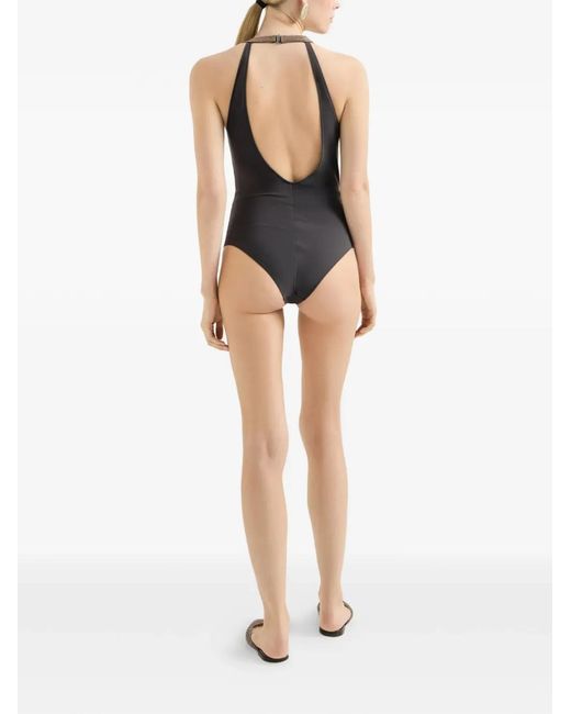 Brunello Cucinelli Blue Monili-Embellished Halterneck Swimsuit