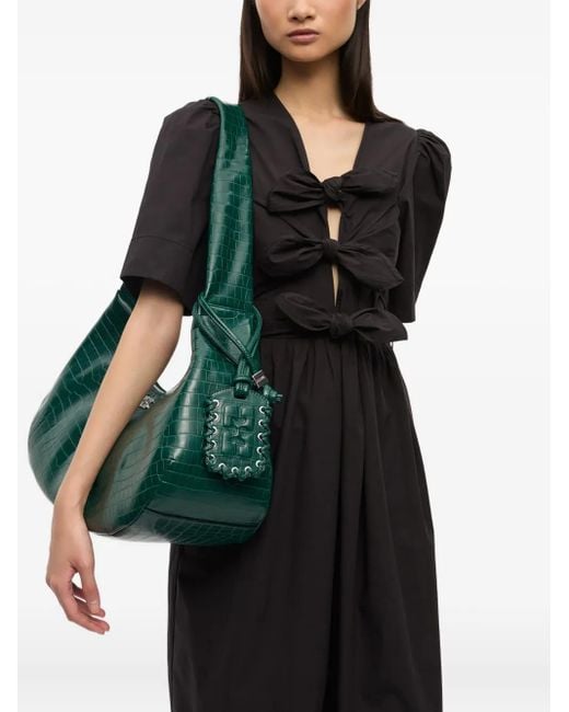 Ganni Green Crocodile-Embossed Shoulder Bag