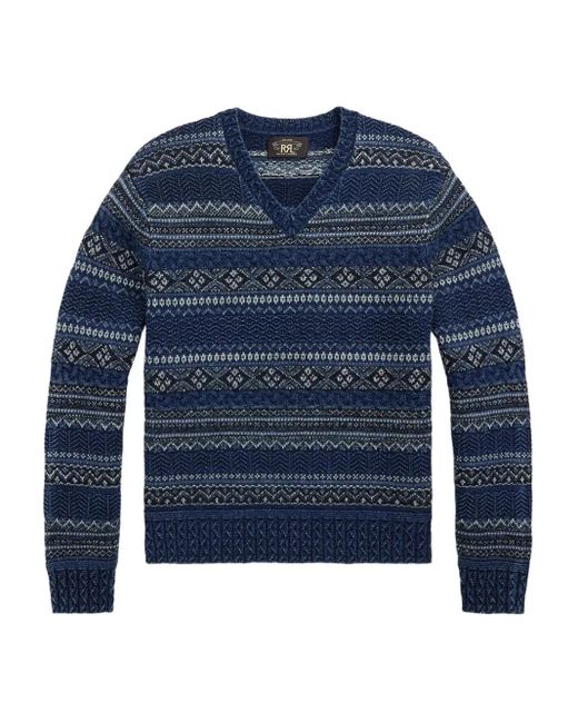 RRL Blue Fairisle V-Neck Sweater for men