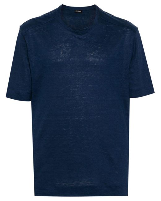 Zegna Blue Tonal Stitching Linen T-shirt for men