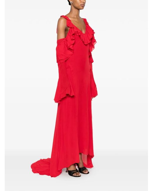 Blumarine Red Ruffled Cold-shoulder Maxi Dress