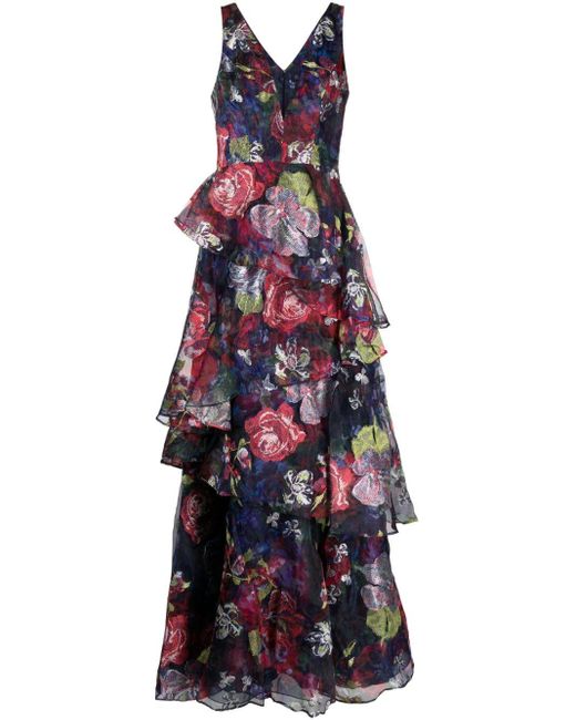 Marchesa Blue Floral-embroidered V-neck Maxi Dress