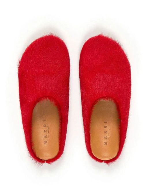 Marni Red Long Hair Calfskin Fussbett Sabots