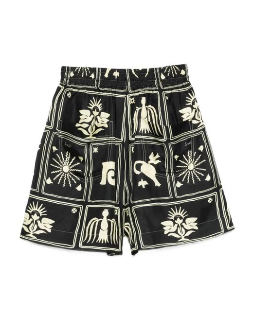 Nanushka Black Exter Folk Art-Print Silk Shorts