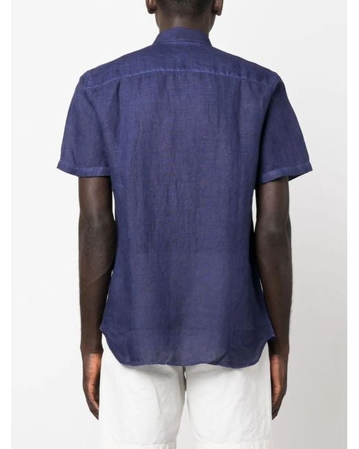 120% Lino Blue Slub-Texture Short-Sleeved Linen Shirt for men