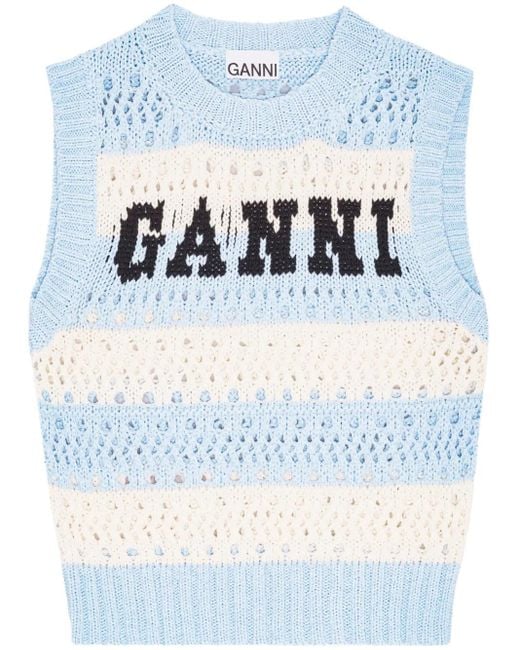 Ganni Logo Cotton Blend Vest in Blue | Lyst