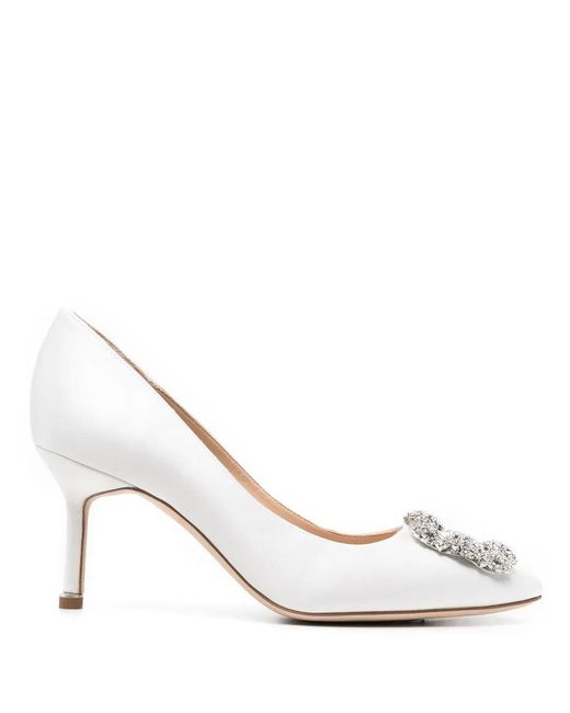 Manolo Blahnik White 70Mm Hangisi Crystal-Buckle Pumps