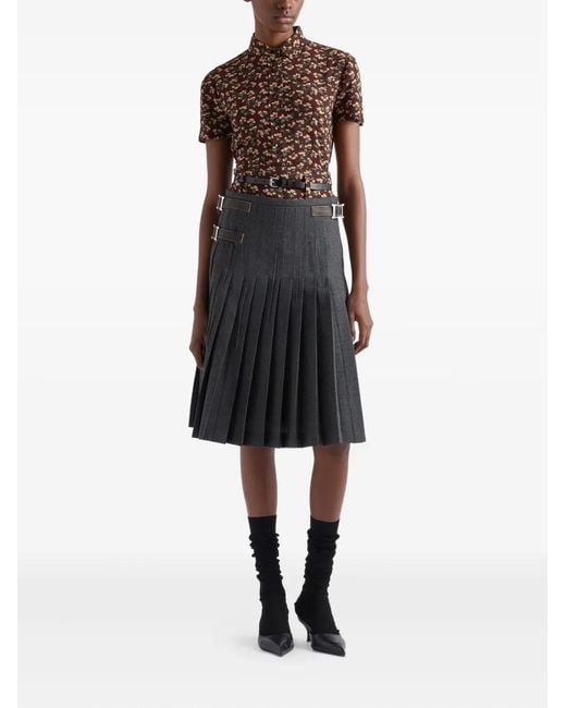 Prada Gray Wool Hopsack Pleated Midi Skirt