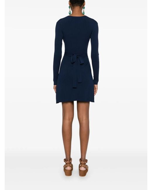 Elisabetta Franchi Blue Fitted Knit Dress With Deep V-Neckline