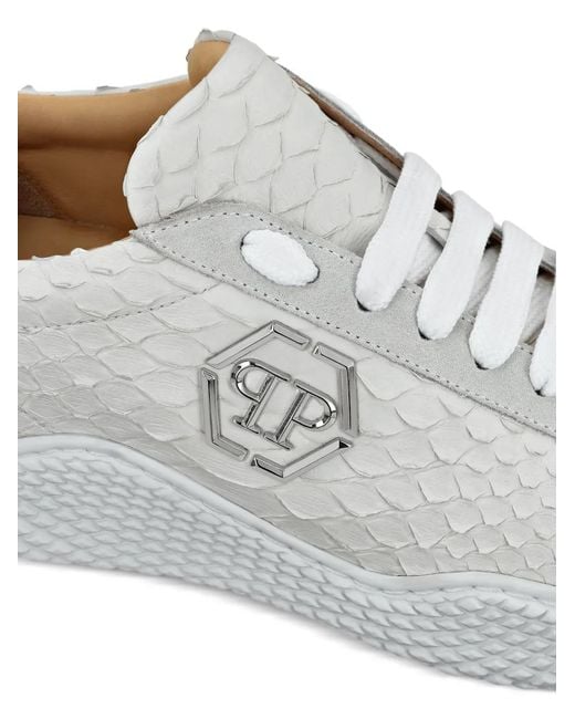 Philipp Plein White Baskets À Empiècements En Peau De Python Et Bords En Daim for men