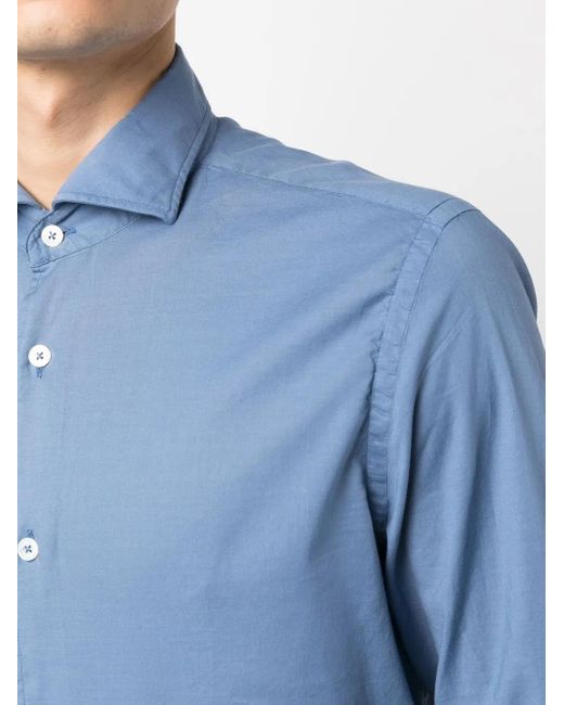 Fedeli Blue Long-Sleeve Stretch-Cotton Shirt for men