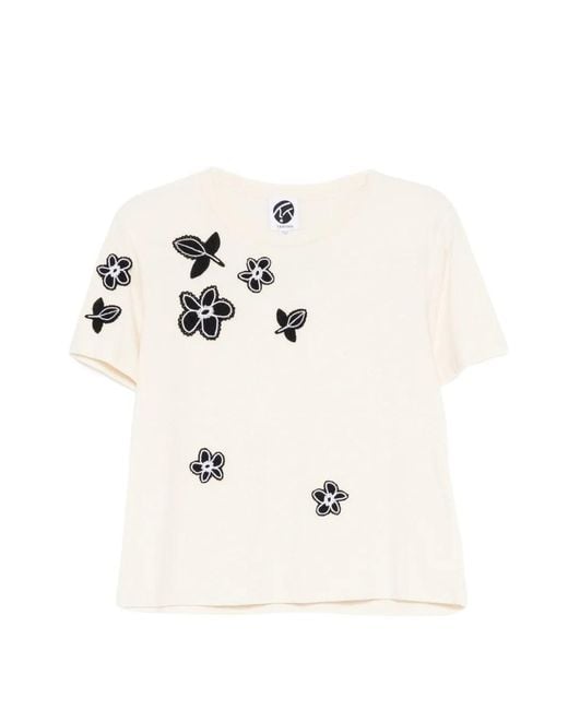 YANYAN KNITS Natural Floral-Appliqué T-Shirt