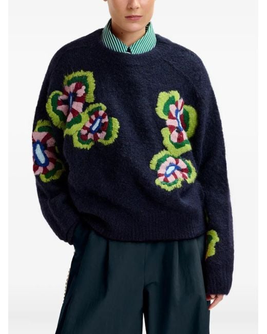 Essentiel Antwerp Blue Floral-Embroidered Crew-Neck Sweater