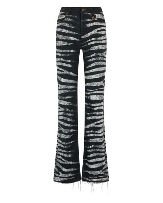 Roberto Cavalli Black Zebra-Print Flared Jeans