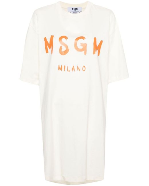 MSGM White T-Shirtkleid mit Logo-Print