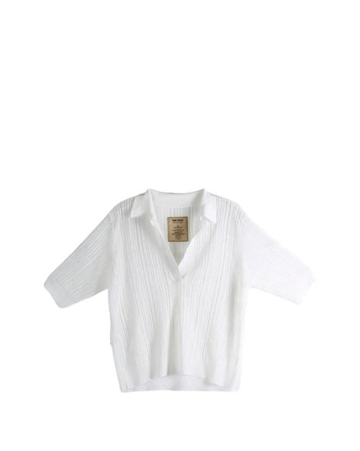 Uma Wang White Chemise Côtelée À Finitions En Dentelle