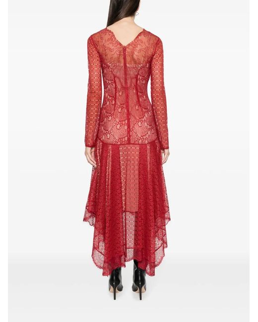 Alberta Ferretti Red Lace-Patchwork Asymmetric Midi Dress