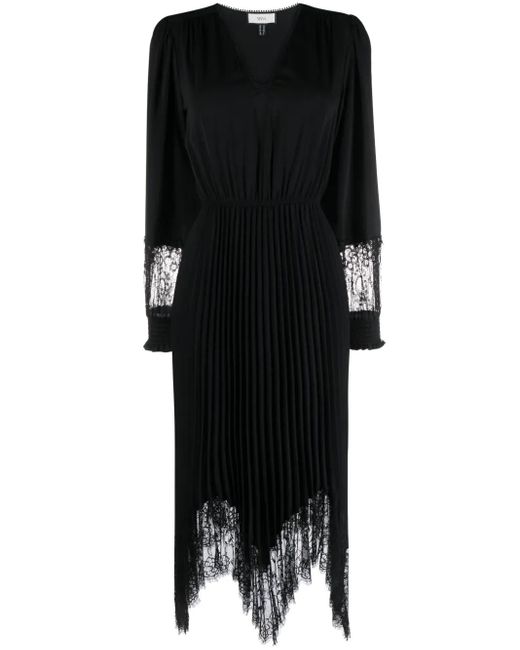 Nissa Black Lace-Trim Pleated Midi Dress