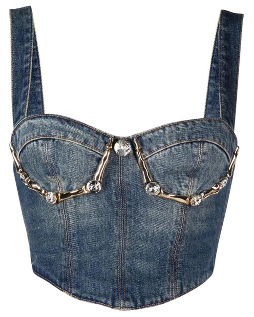 Area Blue Claw Cup Crystal-embellished Denim Bustier