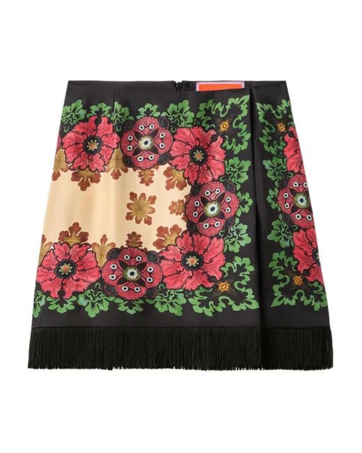 LaDoubleJ Red Floral-Print Fringed Skirt