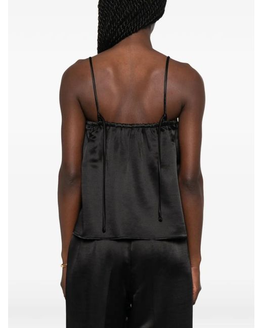 Soft Goat Black Gathered Spaghetti-Strap Blouse