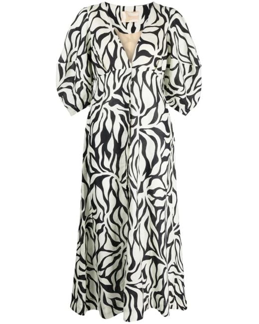 Cala De La Cruz White Botanical-Print Button-Up V-Neck Dress