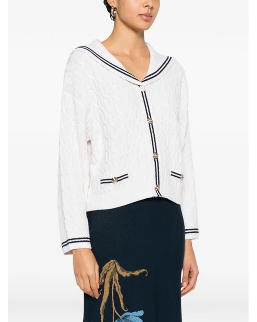 Maje White Boat Neck Cable-Knit Cardigan