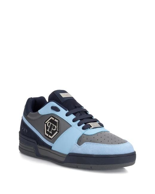 Philipp Plein Blue P-Force 78 Logo-Plaque Leather Sneakers