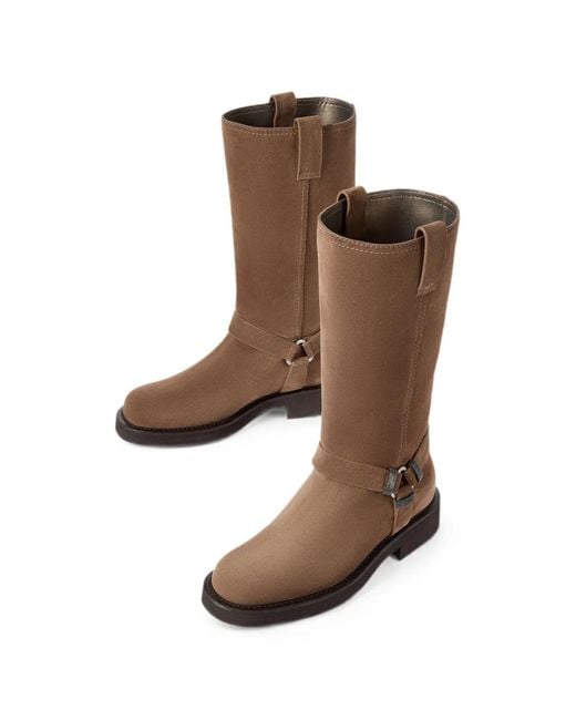 Brunello Cucinelli Brown Suede Biker Boots With Shiny Loops