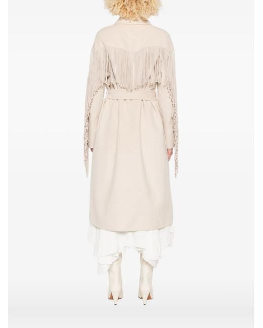 Maje Natural Fringe-Trimmed Belted Single-Breasted Coat