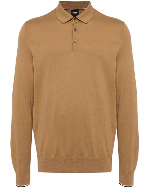 Boss Brown Knitted Organic-cotton Polo Shirt for men