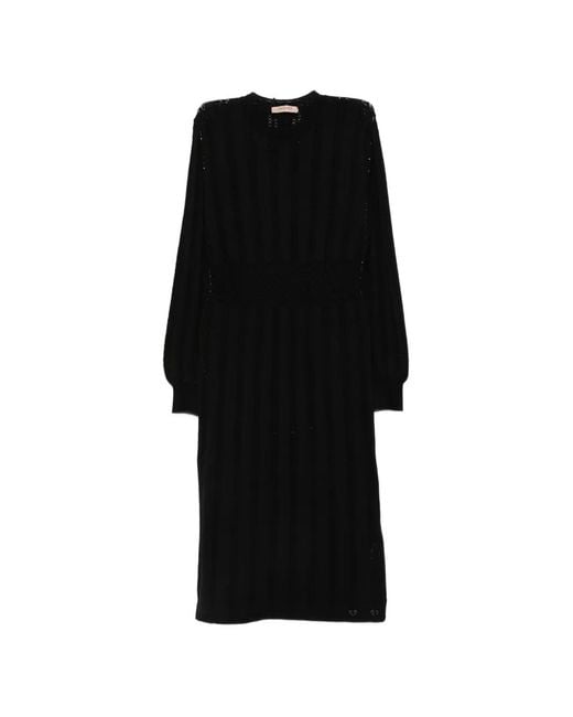 Twinset Black Pointelle-Knit Long-Sleeve Dress