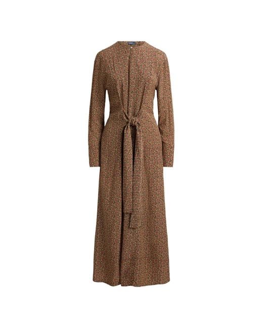 Polo Ralph Lauren Brown Floral-Print Tie-Waist Midi Dress