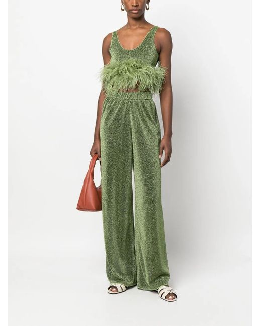 Oseree Green Lurex-detail High-waisted Trousers