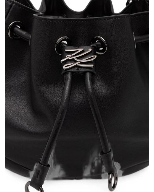 Karl Lagerfeld Black Logo-Plaque Drawstring Bucket Bag