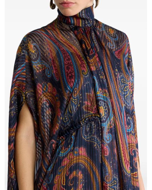 Etro Blue Long Silk Dress With Cape And Degradé Paisley Motif