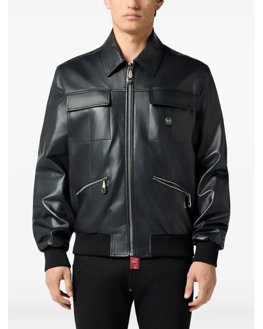 Philipp Plein Black Palms Leather Jacket for men