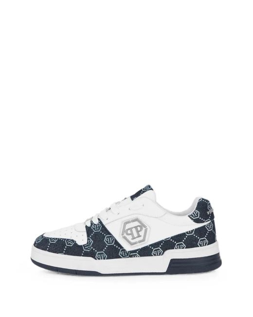 Philipp Plein White Low-Top Sneakers P-Force Denim Monogram