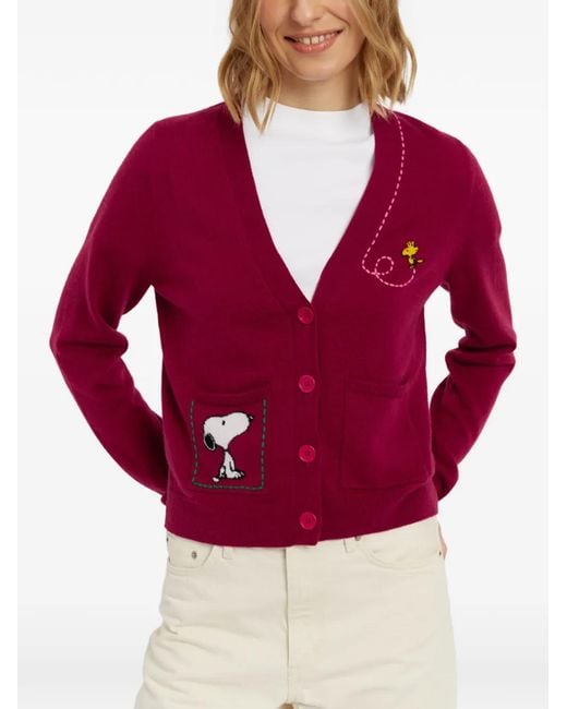 Chinti & Parker Red Snoopy-Intarsia Pocket Cardigan